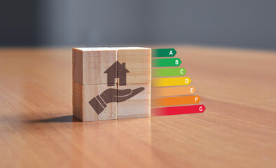 EPC energy performance certificate illustration with wooden blocks displaying save energy symbol with energy ratings from A to F