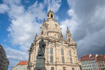 Fototapeta na wymiar Frauenkirche Church and Martin Luther Statue at Neumarkt Square - Dresden, Soxony, Germany