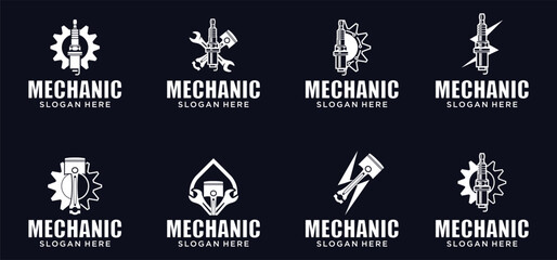Car engine combination gear logo, wrench logo, spark plug logo, mechanical parts