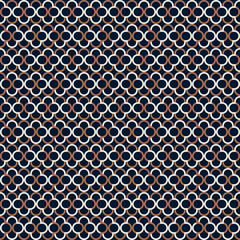 Abstract geometric pattern background with quatrefoil shapes texture. Blue and gold seamless grid lines. Simple geometry minimalistic pattern