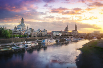 Fototapeta na wymiar Dresden skyline with Elbe River at sunset - Dresden, Saxony, Germany