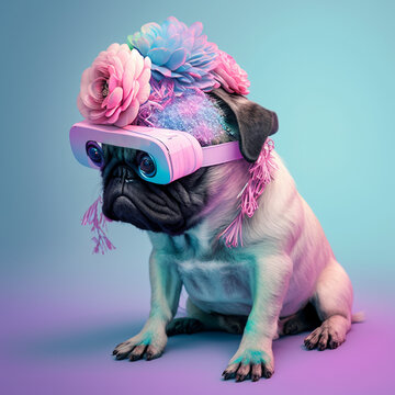 Fashionable pug dog wearing a VR headset. Decorated with flowers.