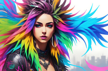 Obraz premium Female cyberpunk portrait, a woman with a tattoo, and colorful hair. Generative AI.