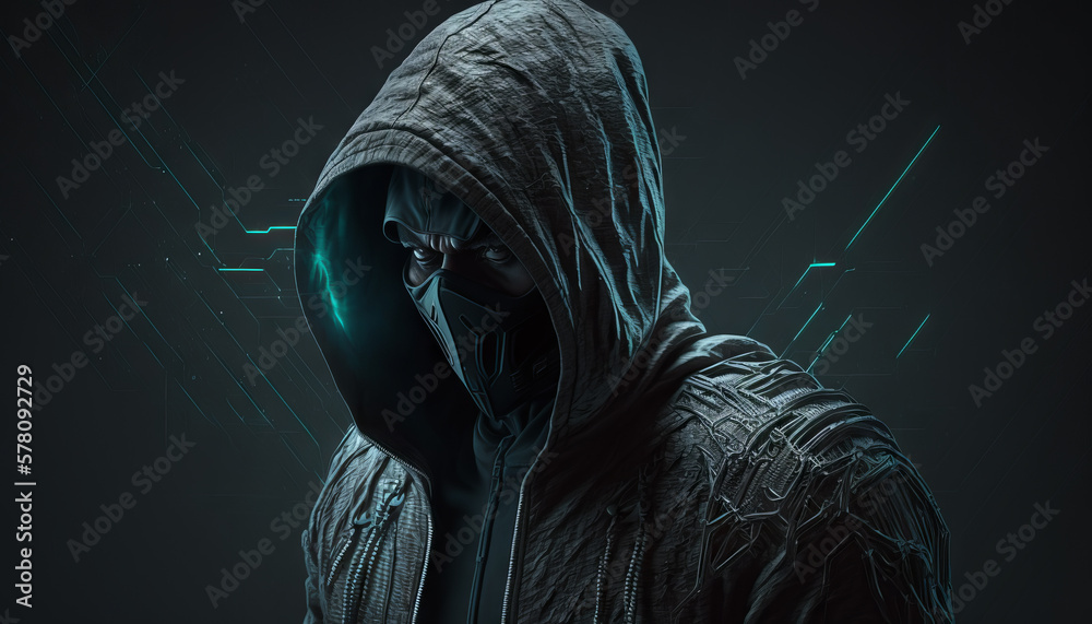 Poster hacker in mask and hood on dark background with glowing lines concept. generative ai