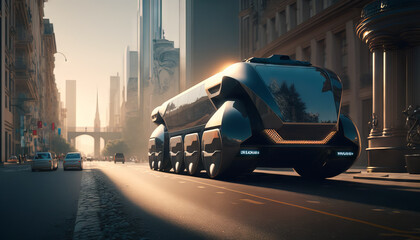 Generative AI of a future electric car driving on the road in the city