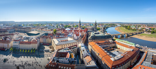 Naklejka premium Panoramic aerial view with Dresden Castle, Cathedral, Neumarkt and Elbe River - Dresden, Saxony, Germany