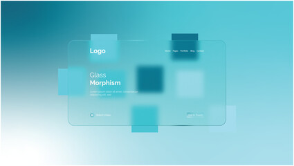 Website landing page template in glassmorphism style. Horizontal Website screen with glass overlay effect isolated on abstract background with liquid gradient shapes. Vector illustratio