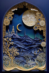 Ramadan Kareem greeting card with mosque, moon and stars. Generative AI