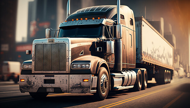 Classic American big rig semi truck with semitrailer semi trailer running on the highway in a freight transportation concept. Generative AI