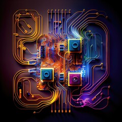Colorful electrical circuits and components, black background. Generative AI