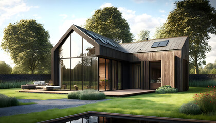 Obraz premium Ultra-modern Architect-designed luxury barn house, light brown wood and brown stone, dark glass with a sleek modern design featuring a flat pitched roof, located in a landscaped garden