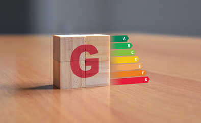 EPC energy performance certificate illustration with wooden blocks displaying a letter symbol with energy ratings from A to F