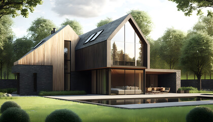 Ultra-modern Architect-designed luxury barn house, light brown wood and brown stone, dark glass with a sleek modern design featuring a flat pitched roof, located in a landscaped garden