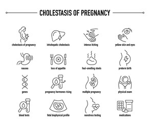 Cholestasis of Pregnancy symptoms, diagnostic and treatment vector icon set. Line editable medical icons.