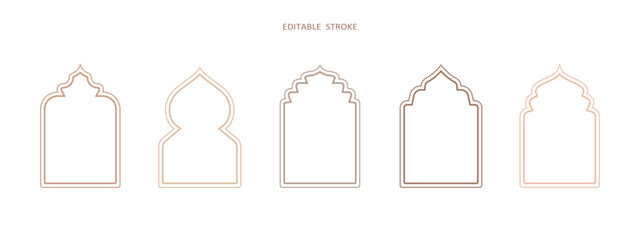 Islamic vector shape of a window or door arch. Arab frame set. Ramadan kareem editable outline icon. Mosque gate. Islamic arabesque pattern. Arabian muslim shape arch