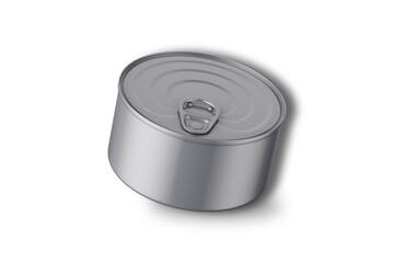 Round metal tin can for pet food, meat or fish isolated on white background. Realistic mockup of blank aluminum container with ring pull on lid. 3d rendering.