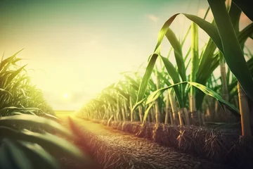 Foto op Canvas Sugar cane stalks with sugar cane plantation background. Sugarcane field in blue sky with white sun ray. generative ai © BlazingDesigns