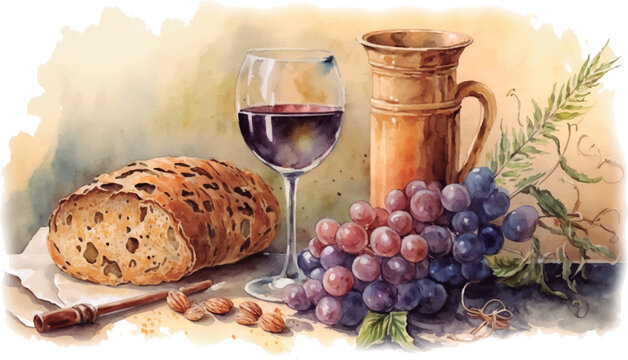 Watercolor drawing centered on bread and a glass of wine. The Lords Supper. Artwork design, easter illustration for tshirt printing or poster.