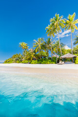 Closeup sea sand palm trees beach. Panoramic island landscape. Inspire tropical coast sea bay...