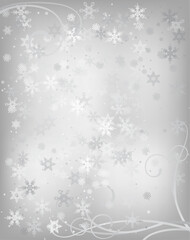 Christmas background. A postcard with flying snowflakes on a silver background. Vector illustration