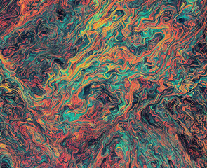 Psychedelic multicolored abstract background with swirls, fluids, found, liquify. Psychedelia illustration. Generative AI