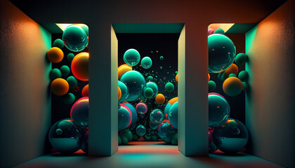 Multiple bubbles with neon lights, glowing, pulsating orbs of energy lining the walls #3