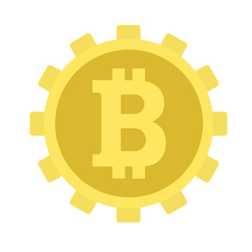 Bitcoin sign icon internet money. Cryptocurrency symbol and coin image for use in web projects or mobile apps. Blockchain, on a white background. yellow bitcoin. Bitcoin in the shape of a gear