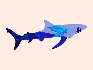 Fototapeta premium Seascape inside silhouette animal, underwater scape sea Shark vector illustration.