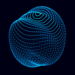 Abstract sphere of dots and lines on the dark background. Digital vibration of points and connections. Big data visualization. 3D rendering.