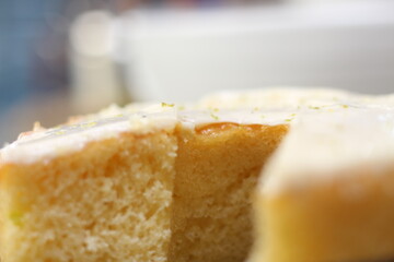 piece of cake. cake texture. cake details with selective focus. Lemon cake. food details.