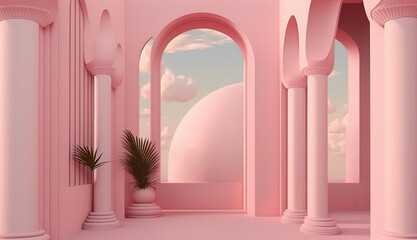 Rose, pink dream architecture for luxury, fantasy structure building. Dreamy mood, la vie en rose, beautiful. Generative AI.