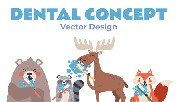 Animal wash clean teeth cute isolated characters. Dental toothbrush healthy concept. Vector graphic design illustration