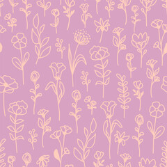 Hand drawn flowers with leaves seamless repeat pattern. Doodled, line art botanical elements all over surface print on lilac background.