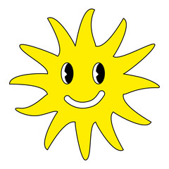 Retro style smiling emoticon sun, doodle style flat vector