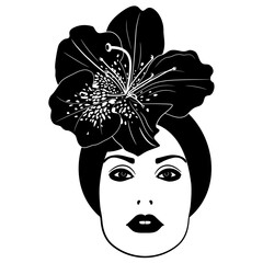 Head of a pretty girl with single flower of azalea or rhododendron in her hair. Floral beauty design. Black and white silhouette.