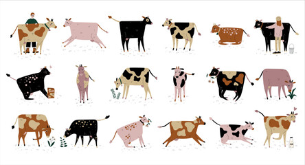 Set of cows. Dairy cattle and farmers caring of farm animals cartoon vector illustration