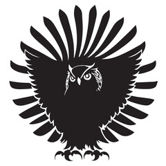 The head of an owl among feathers and with paws stylized as a coat of arms. Good for tattoo. Editable vector monochrome image with high details isolated on white background