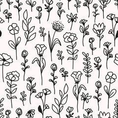 Doodled, hand drawn flowers with leaves seamless repeat pattern. Line art, vector botanical elements all over surface print on white background.