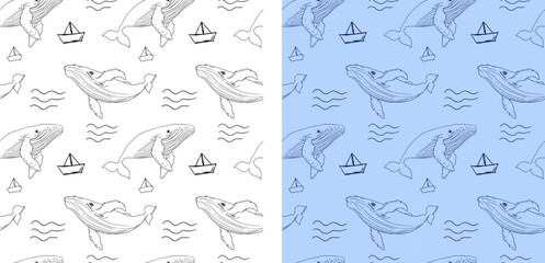 Seamless vector pattern of whales. Blue whale silhouette. Sea. Ocean. Undersea world. Sea creatures. Fabric print. Home textiles.