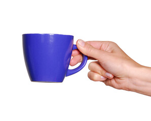 Hand hold coffee cup isolated on transparent layered background.