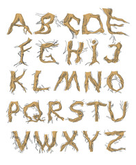 Set initial letters from A to Z. Decorative font from tree roots. Environmental design. Nature typography