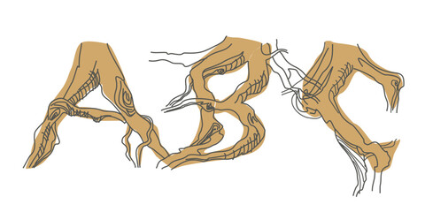 Initial letters A, B, C. Decorative font from tree roots. Environmental design. Nature typography