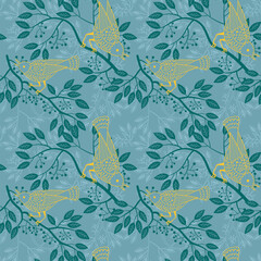 seamless pattern background with birds in trees