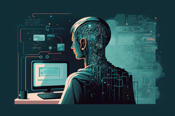 Augmented Artificial Intelligence person with computer. Cyberpunk Android with Neural Implants Futuristic Augmentations Sci-Fi concept 