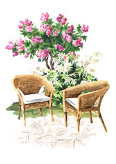 Fototapeta na wymiar Relax zone in a cozy blooming garden. Wicker chairs. Hand drawn watercolor illustration, isolated on white background