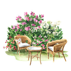 Relax zone in a cozy blooming garden. Wicker furniture chairs and a table. Hand drawn watercolor illustration, isolated  on white background