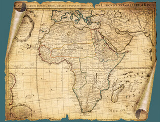 Fototapeta na wymiar Landkarte von Afrika aus dem 16. Jahrhundert auf gerolltem Papier