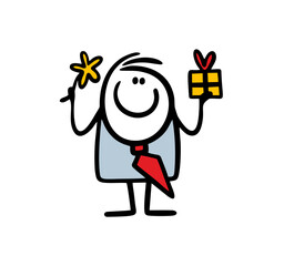 Happy businessman in office suit holds garden flower and gift box with bow for the holiday.