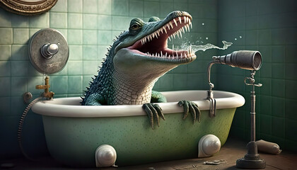 A crocodile bathes in the bathtub and sings while doing so. The liberating experience of bathing. AI generated illustration.