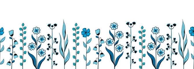Seamless vector border with plant twigs in hand-draw style